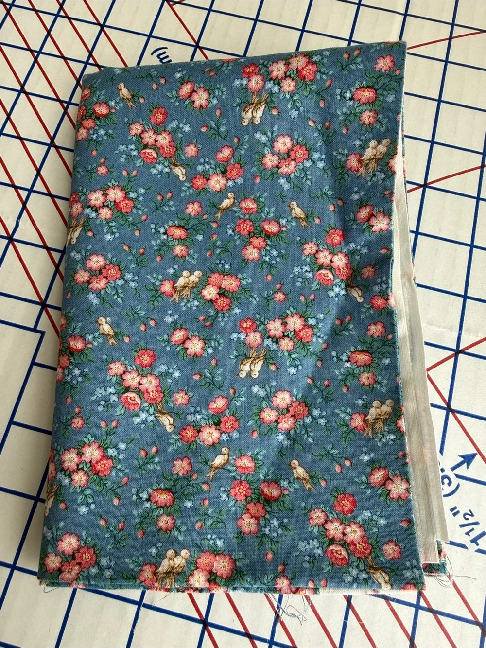 Vintage Cranston VIP Fabric Blue Floral Birds Cotton 3/4+ Yard x 42